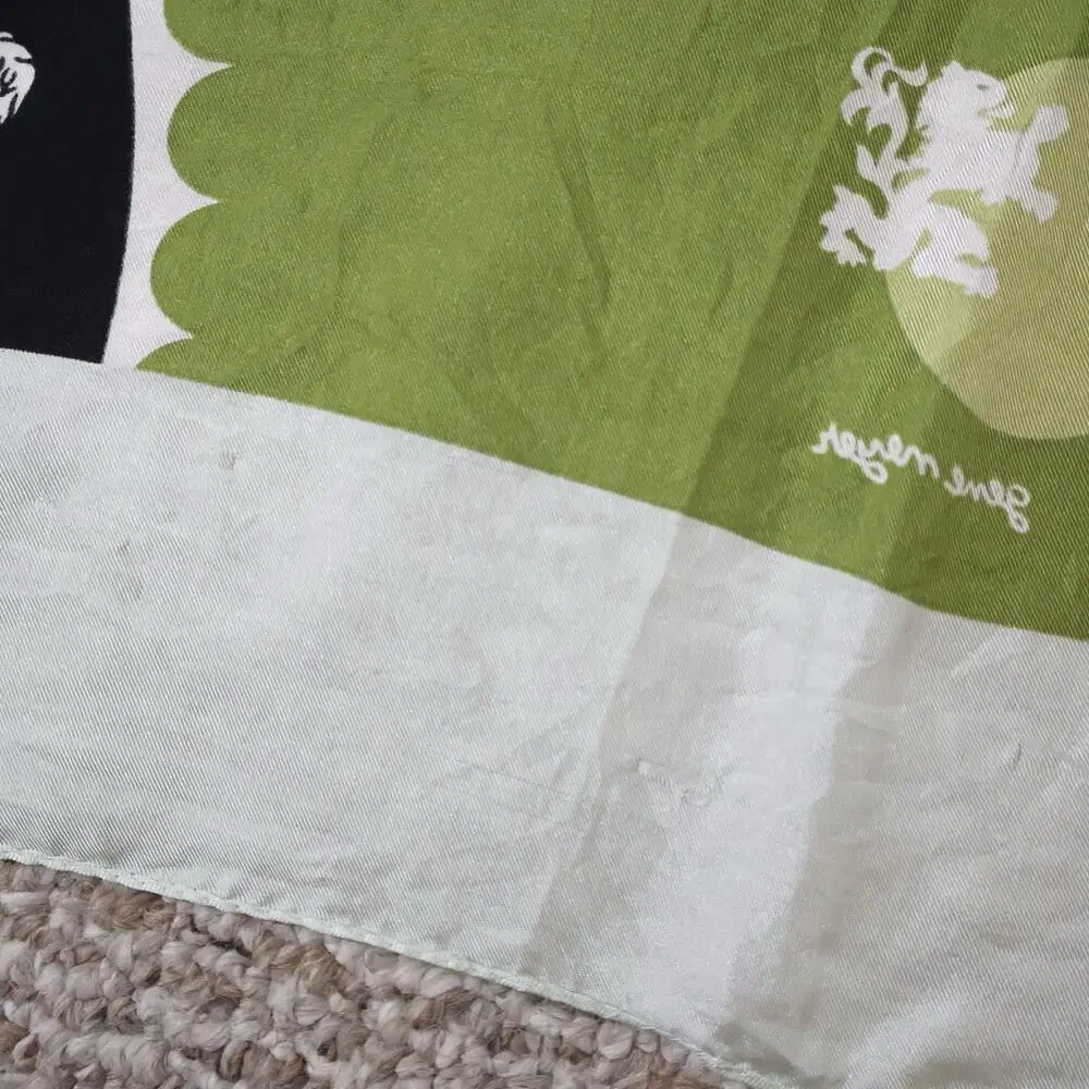 Vintage Gene Meyer Cat Tiger Lion Royal Green Silk Square Scarf Made in Japan